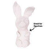 An unpainted white air drying clay rabbit modelled sitting upright, with tall pointed ears, closed eyes, small paws and moulded hind feet showing pad detail. Its surface has a soft matte finish with visible fingermarks. A black annotation reads "Great for figurines" with an arrow pointing to it.