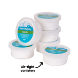 Six white air-tight canisters of Paper Magiclay White arranged in a casual stack. The 40g tubs feature turquoise and green labels, with one canister showing decorative blue clay swirls on the lid. Annotation reads: Air-tight canisters. The containers are designed to keep the lightweight clay fresh between uses.