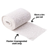 Single roll of plaster-impregnated cloth partially unrolled on a white background. Black text annotations with arrows label “Plaster-impregnated cloth strip” and “10cm x 4m per roll”.