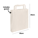 An annotated image of a Zart Calico Bag with Handles shown at an angle, labelled "Includes gusset" with an arrow pointing to the folded side seam, and dimensions marked "45cm" for height and "35cm" for width.