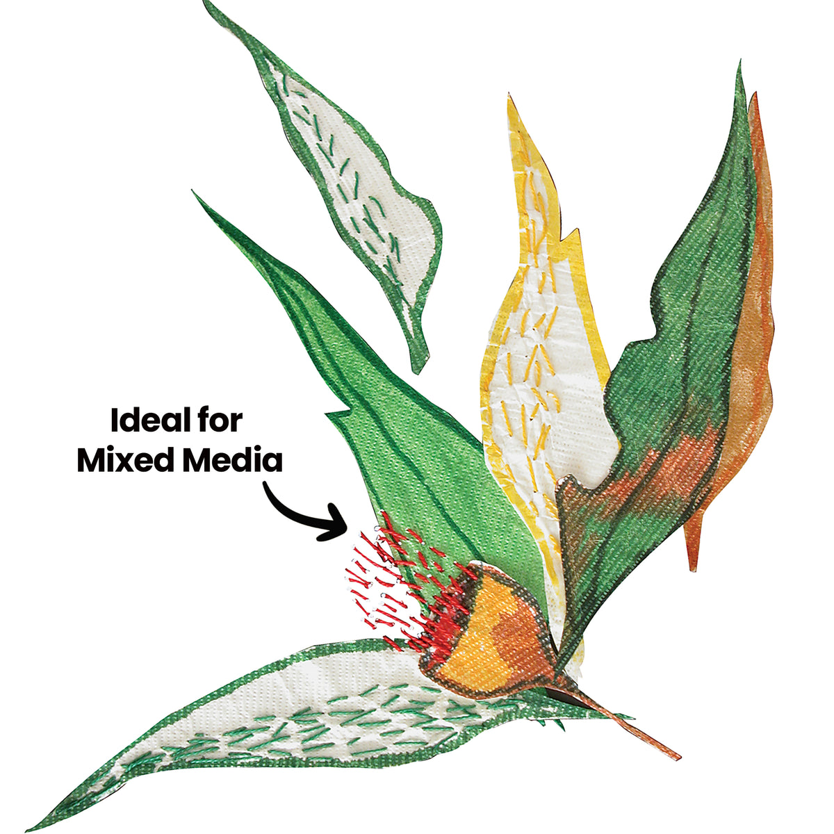 Cut and painted Tyvek leaves and a banksia-like flower in green, yellow, white and orange, with coloured threads stitched through the surface. A red-and-white flower spike sits at the centre. A black arrow and the words "Ideal for Mixed Media" point to the stitched detail on a leaf.