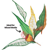 Cut and painted Tyvek leaves and a banksia-like flower in green, yellow, white and orange, with coloured threads stitched through the surface. A red-and-white flower spike sits at the centre. A black arrow and the words "Ideal for Mixed Media" point to the stitched detail on a leaf.