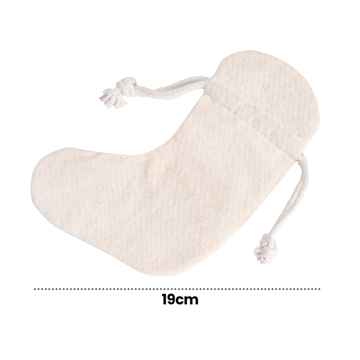 A single Zart Calico Stocking laid flat on white, shown in its plain natural cotton with a drawstring top. The annotation below reads "19cm", marked with a dotted line spanning the stocking's width.