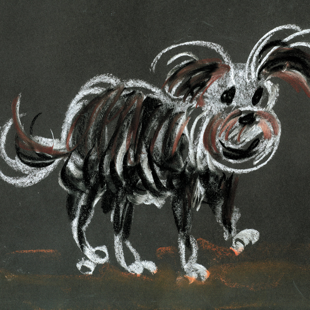 Pastel drawing of a small dog on dark paper using white, black and warm brown tones. The dog is sketched with loose layered strokes that create shaggy fur texture. The soft pastel marks stand out against the dark background, showing contrast, layering and visible chalk texture.