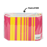 Large bundle of ECO Paper Straws in clear packaging, displaying vibrant pink and yellow striped pattern. Pack of 500 annotation points to the collection of 8mm x 19.7cm coloured straws standing upright, showing white twisted paper tops and varied pastel shades throughout the assortment.