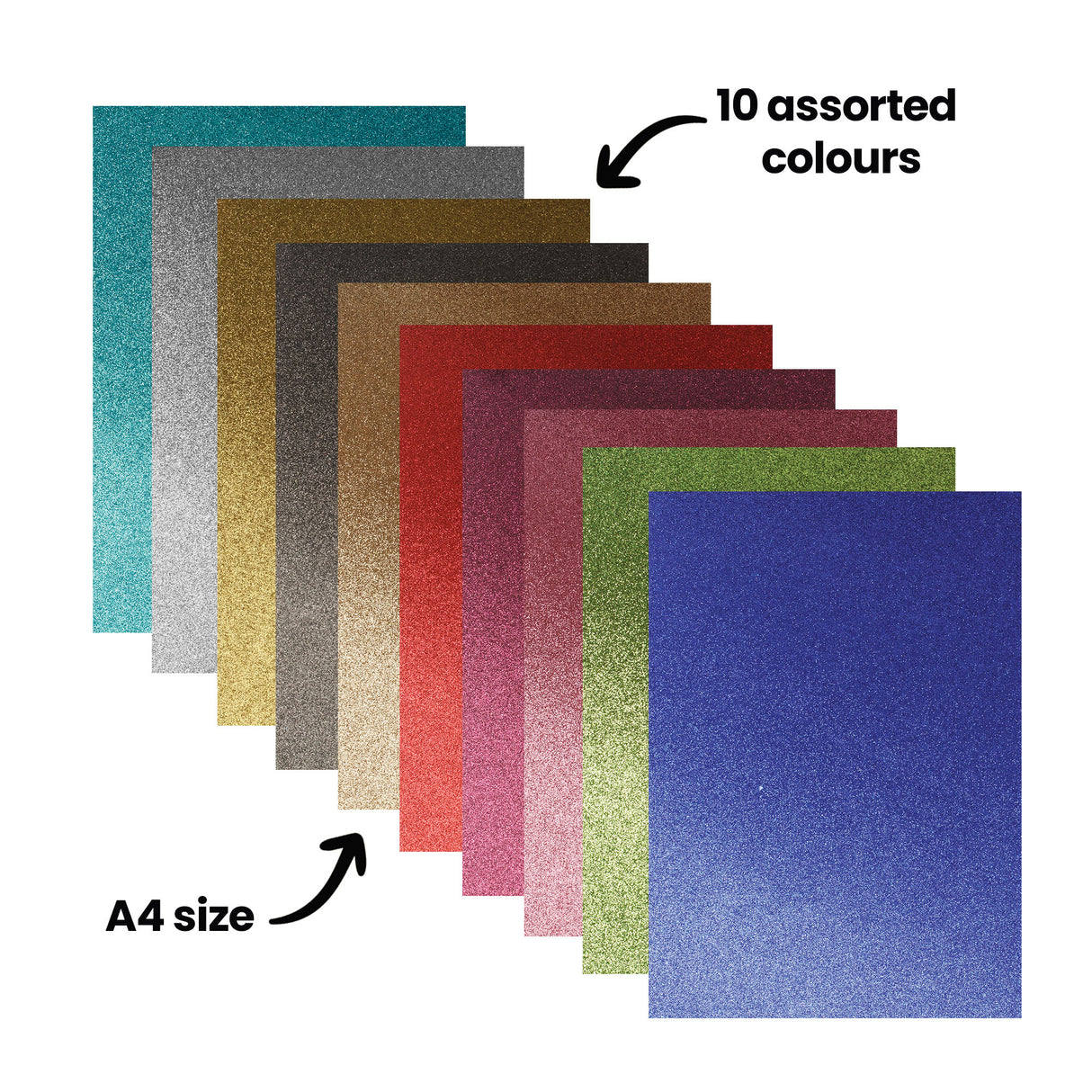 A fanned stack of Zart Glitter Iron-On Sheets in teal, silver, gold, black, bronze, red, burgundy, pink, green and blue, annotated '10 assorted colours' pointing to the range, and 'A4 size' indicating the sheet dimensions. Each sheet displays a fine, even glitter texture.