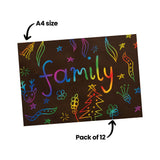A scratch artwork on black card with the word "family" in rainbow lettering surrounded by scratched drawings — a reindeer, Christmas tree, flowers, stars and leaves in vivid rainbow colours. Black arrows and labels read "A4 size" and "Pack of 12" against a white background.
