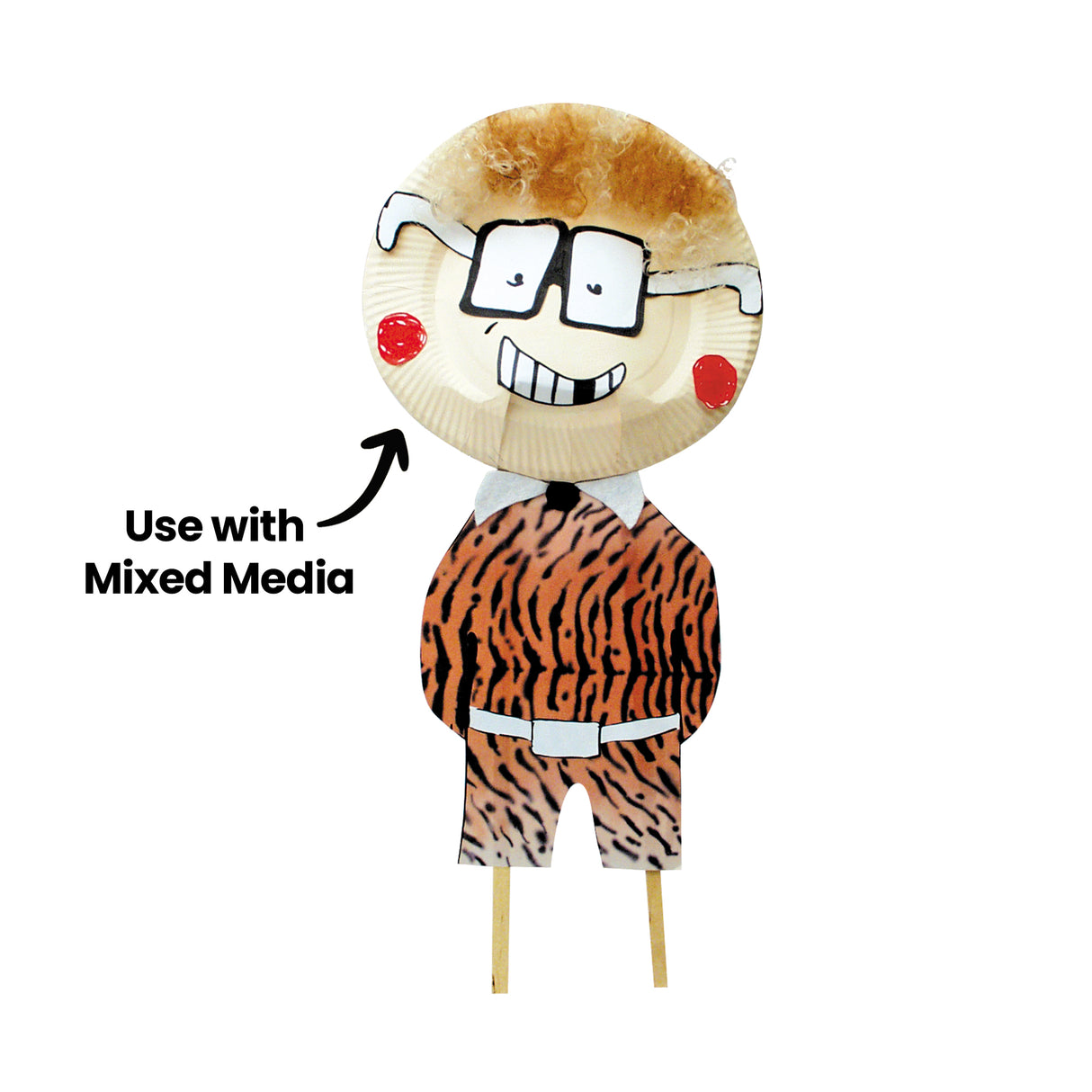 A mixed media character artwork uses a Paper Plate as the face, with drawn glasses, red cheeks, textured hair and patterned clothing beneath. Black annotation text reads “Use with Mixed Media” with a curved arrow pointing towards the decorated plate face.