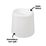 White plastic paint pot with on-image text reading “Holds 300ml” and “Stackable & non-spill”, shown on a white background with arrows pointing to the pot.