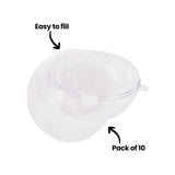 An annotated image of a Zart Plastic Bauble shown open in two clear plastic halves at an angle, labelled "Easy to fill" with an arrow pointing to the hollow inside cavity, and "Pack of 10" with an arrow pointing to the lower dome half.