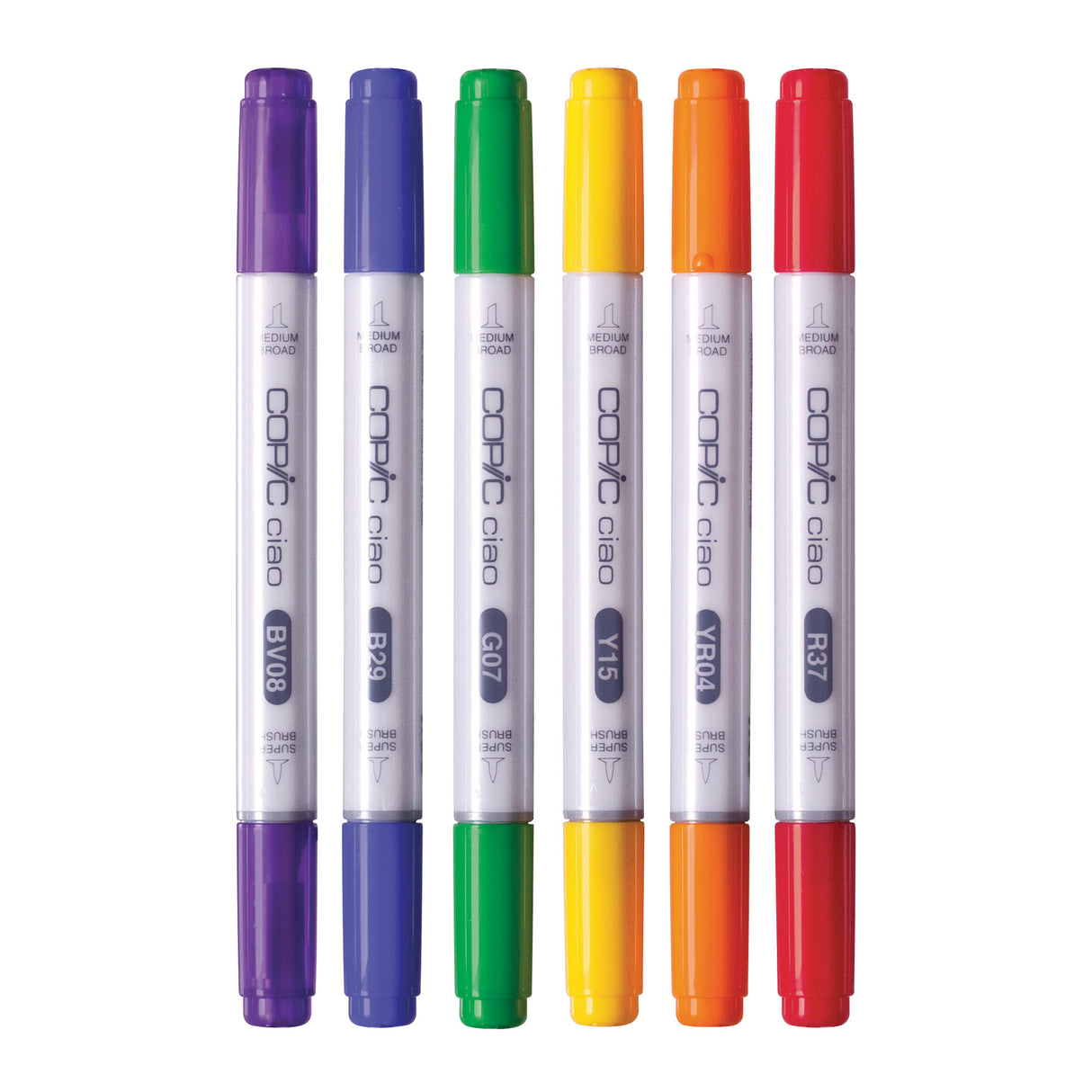 Copic Ciao Marker Set Primary Pack of 6 standing upright in a row, displaying colour codes BV08, B29, G07, Y15, YR04, and R37. Each marker features a white barrel with colour-coded caps and barrel ends in purple, blue, green, yellow, orange, and red, labelled "Medium Broad" and "Super Brush".