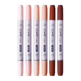 Copic Ciao Marker Set Skin Pack of 6 standing upright in a row, displaying colour codes E000, E93, E00, E11, E15, and E18. Each marker features a white barrel with colour-coded caps and barrel ends progressing from pale blush and soft pink through warm beige to rich reddish-brown, labelled "Medium Broad" and "Super Brush".