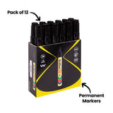 Artline 70 permanent marker packaging, a pack of 12 in black, shown open with twelve black-capped markers standing upright inside. The box is black and yellow with yellow swoosh detailing, product icons and a sample marker pictured on the front panel. Annotations read "Pack of 12" and "Permanent Markers".