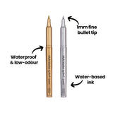 Two Multi Marker by Zart pens, one gold and one silver, shown upright with caps off. Annotation text reads 1mm fine bullet tip, Water-based ink and Waterproof & low-odour, with arrows pointing to the relevant features.