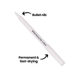 White Perma Pen 1.0mm positioned diagonally on white background, featuring a translucent white barrel and bullet-shaped nib. Annotation text reads "Bullet nib" with arrow pointing to tip, and "Permanent & fast-drying" with arrow indicating the pen barrel. The permanent marker shows clear lettering along its length.