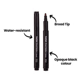 Two black EverZart Broad Markers displayed vertically, one capped and one uncapped revealing the broad bullet nib. Annotations read Water-resistant, Broad Tip, and Opaque black colour. The markers feature water-resistant ink with a 2.5mm tip in opaque black.