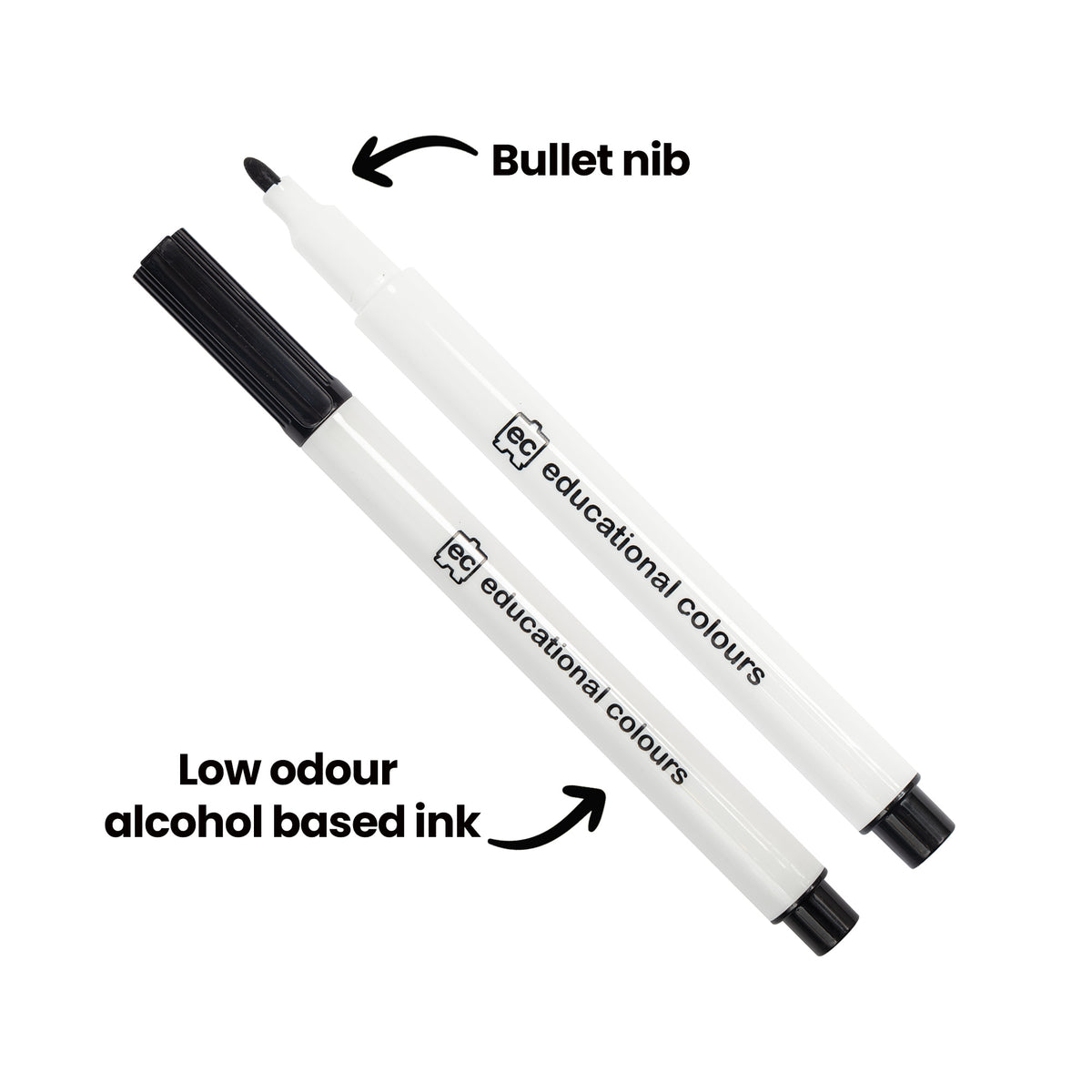 Two EC educational colours whiteboard markers on a white background, one capped and one uncapped to show the nib. Annotation text reads "Bullet nib", pointing to the rounded tip, and "Low odour alcohol based ink", pointing to the white barrel.