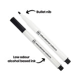Two EC educational colours whiteboard markers on a white background, one capped and one uncapped to show the nib. Annotation text reads "Bullet nib", pointing to the rounded tip, and "Low odour alcohol based ink", pointing to the white barrel.