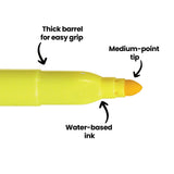 Close-up side view of a yellow thick marker lying horizontally on a white background. Black arrow annotations label features including “Thick barrel for easy grip” pointing to the marker body, “Medium-point tip” pointing to the rounded nib, and “Water-based ink” pointing to the ink area near the tip.