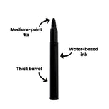 Single black thick-barrel marker shown upright on a white background. Black annotation arrows point to and label the features Medium-point tip at the nib, Water-based ink along the barrel, and Thick barrel near the lower section of the marker.