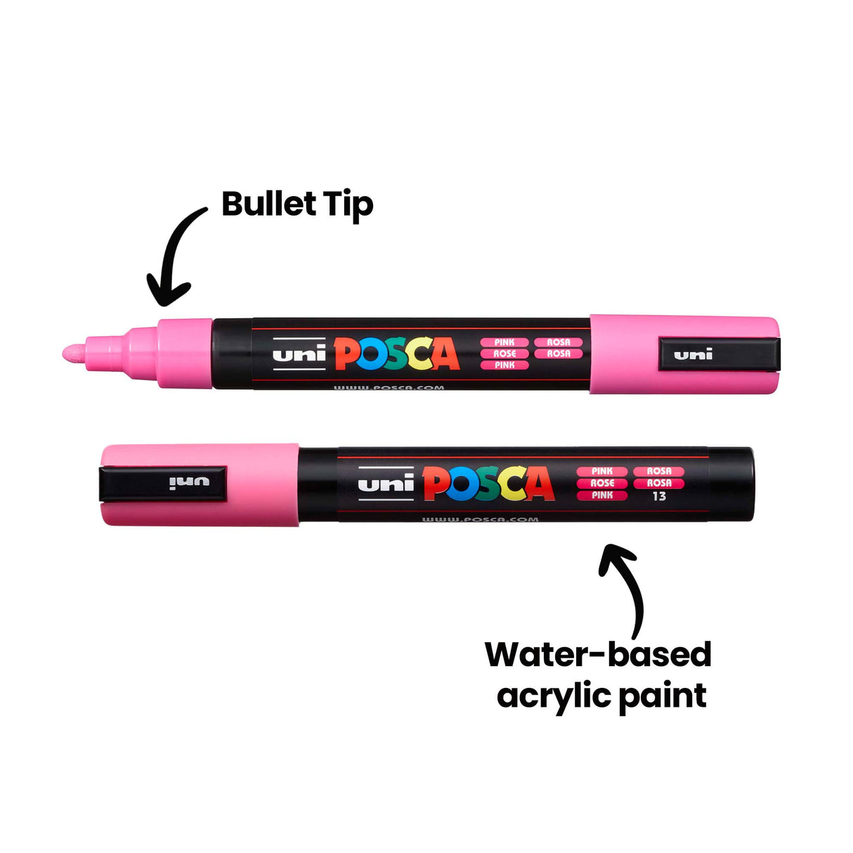 Two pink Uni POSCA paint markers laid horizontally, one capped and one uncapped to show the bullet tip. Labels highlight the bullet tip and water-based acrylic paint.