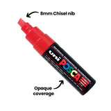 A red POSCA Chisel Tip Marker shown at an angle on white, with the annotation "8mm Chisel nib" pointing to the flat angled tip, and "Opaque coverage" pointing to the coloured barrel below.