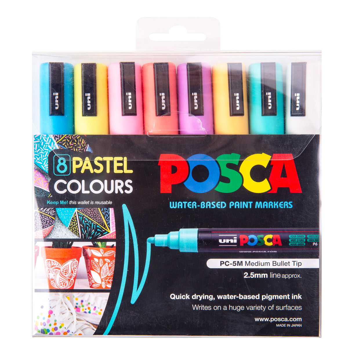 Pack of eight Uni POSCA Pastel Colours paint markers in a clear wallet. The pastel caps are visible at the top, and the packaging highlights the PC-5M medium bullet tip and examples of artwork created with the markers.