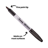 Black Sharpie Extreme permanent marker shown at an angle on a white background, with on-image text reading “Fine point tip” and “Marks on most surfaces,” and arrows pointing to the tip and barrel.