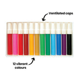 Twelve Artline 300 Watercolour Markers displayed upright in their tray, showing the full colour range including red, pink, orange, yellow, green, teal, blue, purple, and black. Two annotations read "12 vibrant colours" and "Ventilated caps."