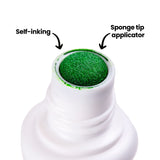 Close-up of a green sponge tip on a Colour Apps Minis bottle. On-image annotations read “Self-inking” and “Sponge tip applicator”, with arrows pointing to the inked sponge surface.