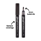 Two Street Paint Markers by Zart are shown upright, one capped and one uncapped, revealing a rounded tip. Black annotation text reads “4mm bullet nib” and “Opaque coverage,” with arrows pointing to the nib and the smooth black barrel.
