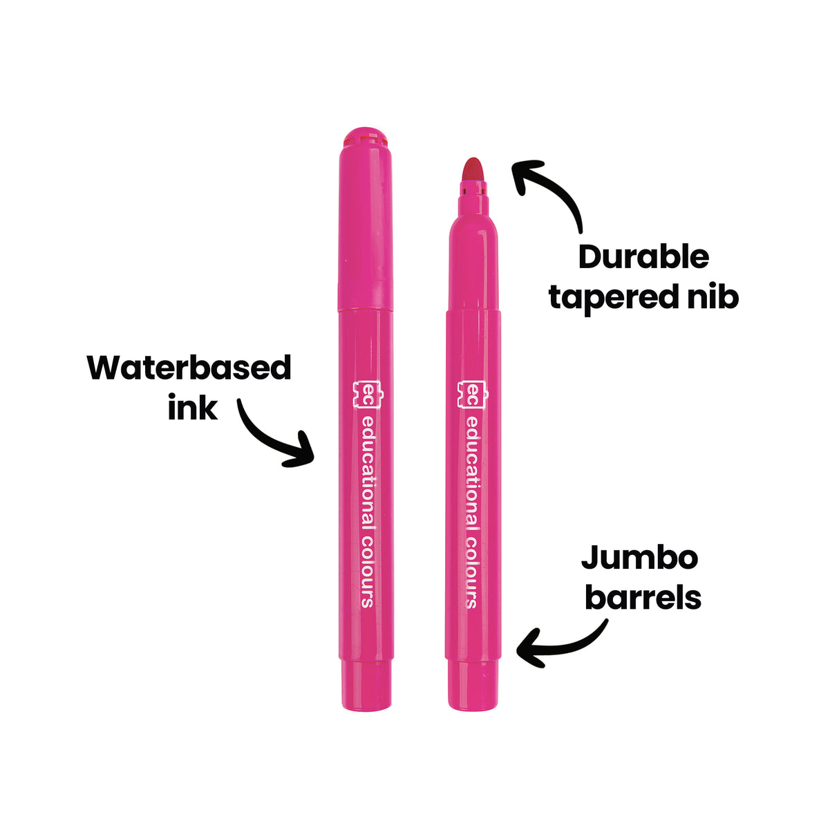 Two pink jumbo markers displayed upright on a white background, one with the lid removed to reveal the durable tapered tip. Annotations read “Waterbased ink”, “Durable tapered nib” and “Jumbo barrels”, pointing to key features of the marker design.