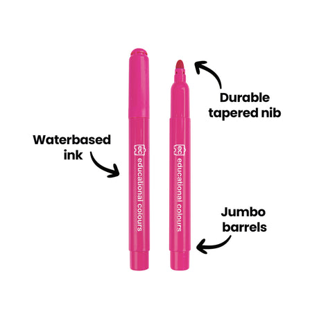 Two pink jumbo markers displayed upright on a white background, one with the lid removed to reveal the durable tapered tip. Annotations read “Waterbased ink”, “Durable tapered nib” and “Jumbo barrels”, pointing to key features of the marker design.
