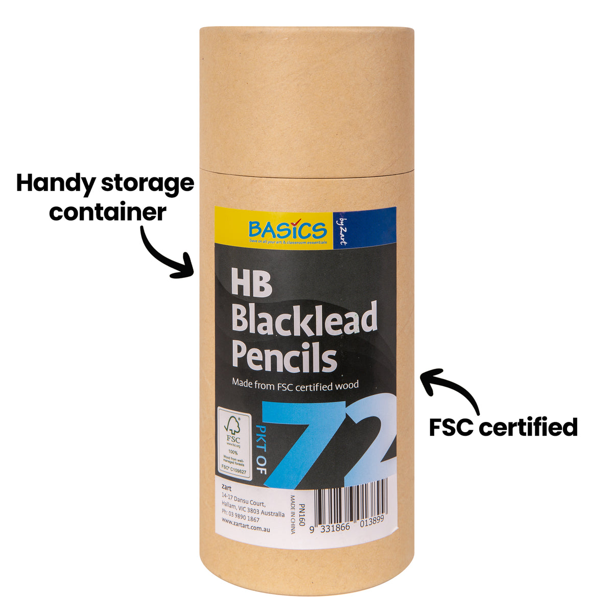A tall kraft cardboard tube from the Basics by Zart range, shown closed and standing upright with a black and yellow label. Two annotations point to it: "Handy storage container" indicates the lidded tube, and "FSC certified" points toward the lower label area.