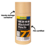 A tall kraft cardboard tube from the Basics by Zart range, shown closed and standing upright with a black and yellow label reading "HB 2B 4B 6B Blacklead Pencils." Two annotations point to it: "Handy storage container" toward the lid, and "FSC certified" toward the lower label.