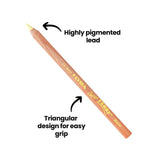 Close-up of a single LYRA Super Ferby coloured pencil angled on a white background. Annotation text reads “Highly pigmented lead” pointing to the tip and “Triangular design for easy grip” pointing to the pencil barrel.