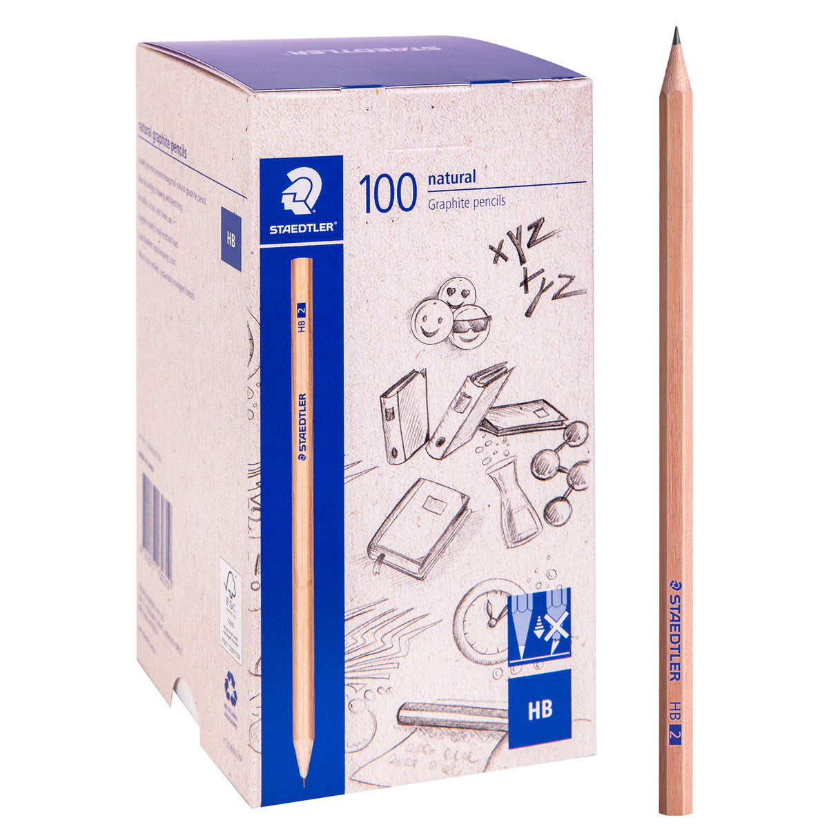 A single natural Staedtler HB pencil standing upright, sharpened, with a hexagonal wood barrel and blue "HB 2" lettering along its length. The pencil's flat-cut end and natural timber grain are clearly visible, shown beside its retail box.