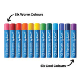 Twelve Oil Pastels by Zart standing upright in a row, showing the full colour range from pink, red, orange and yellow through to green, blue, indigo and purple. Annotations label the first six as "Six Warm Colours" and the remaining six as "Six Cool Colours".