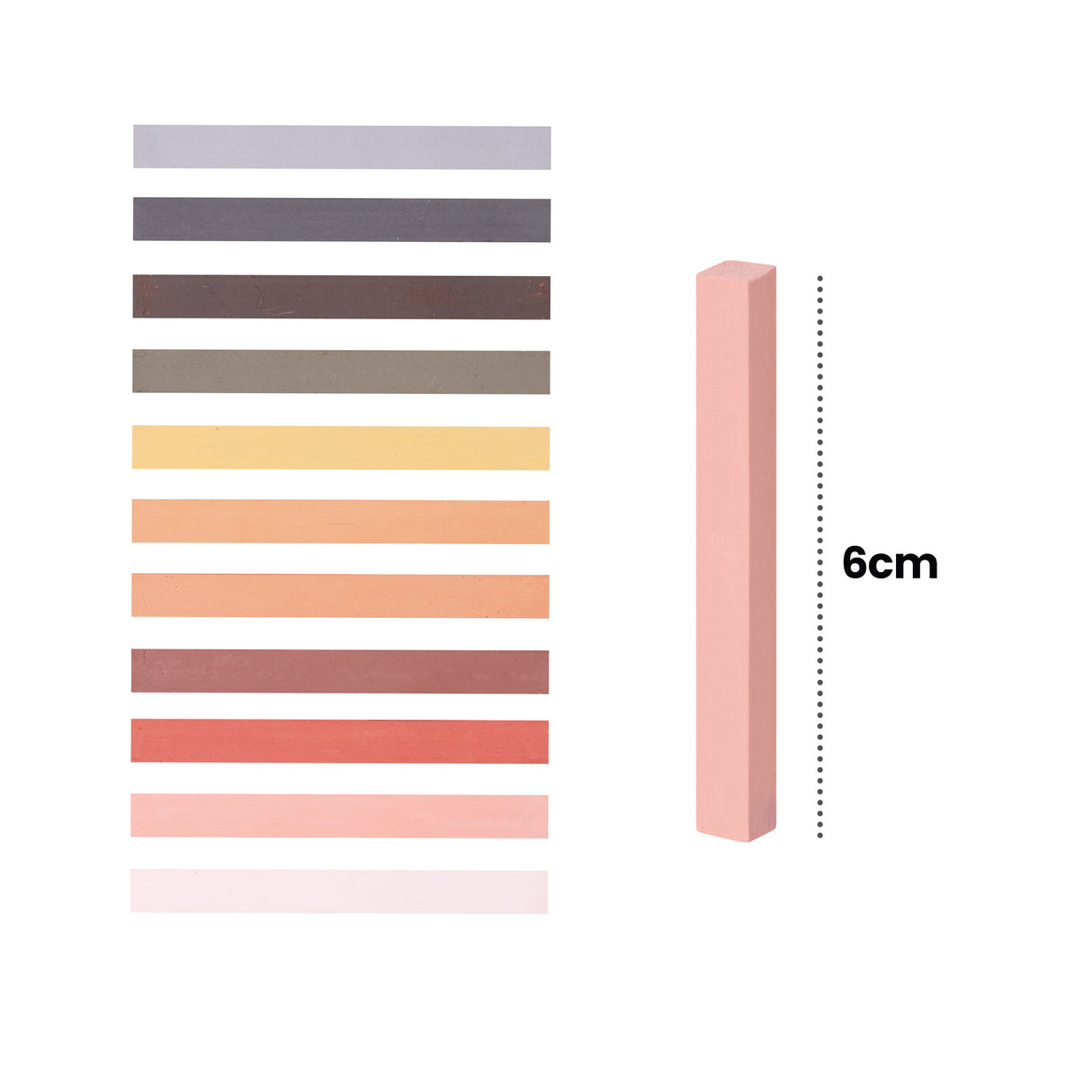 Twelve horizontal colour swatches of dry pastel skin tones ranging from pale cream and peach to rich brown and grey. To the right, a single rectangular pastel stick stands upright beside a dotted measurement guide labelled 6cm indicating the length of the pastel.