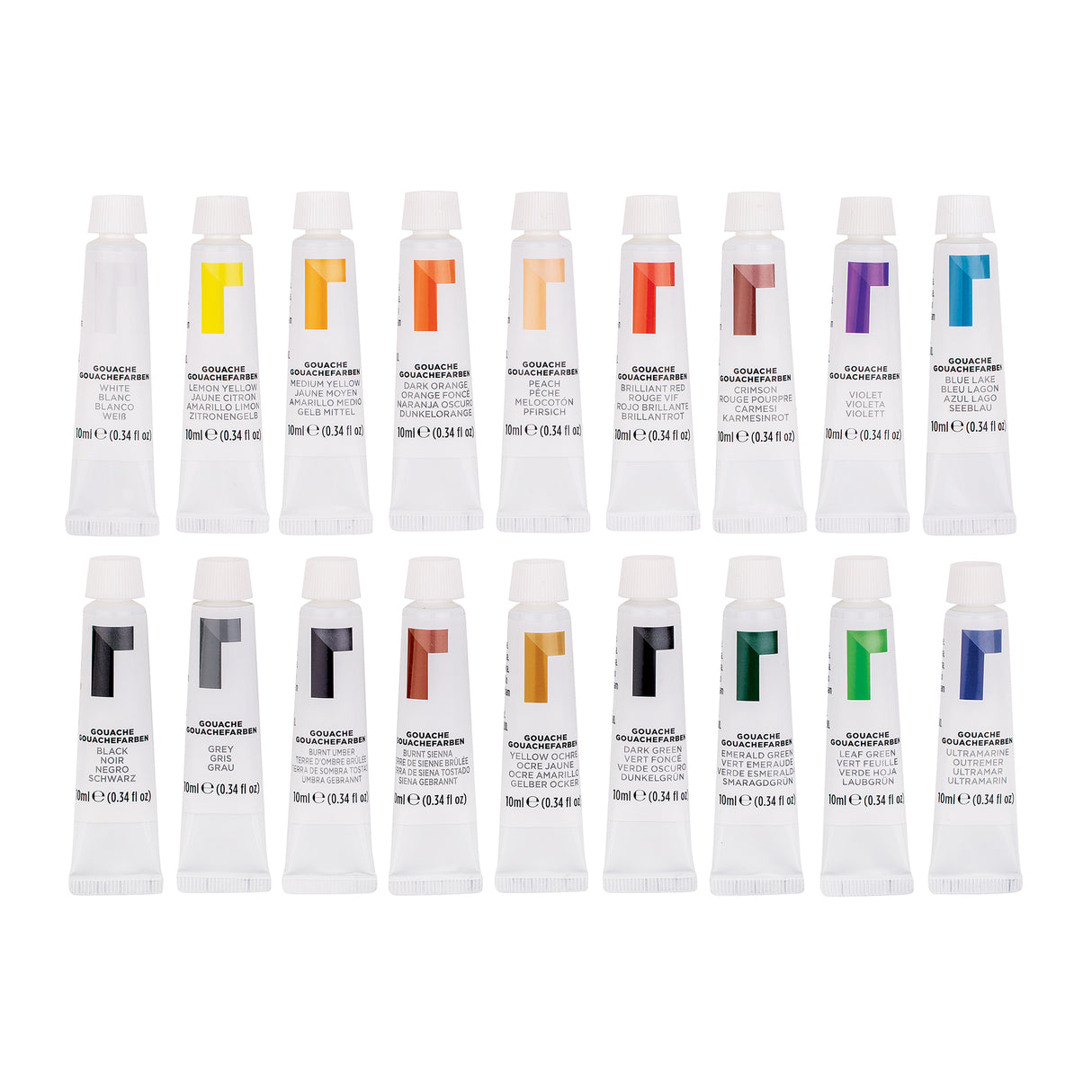 Eighteen Reeves Gouache 10ml paint tubes arranged in two rows against a white background. The tubes feature white packaging with colour swatches representing shades including yellow, orange, red, purple, blue, green, grey, black and brown. Visible text includes “GOUACHE” and “10ml e (0.34 fl oz)”.