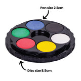 Black paint palette with six colored pans on a white background