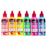 Six Tulip Slick Dimensional Fabric Paint bottles standing in a row against white, each with a red pointed nozzle cap. The bottles are filled with neon pink, neon orange, neon yellow, neon green, poppin’ purple and neon blue paint, labelled with the colour name on each.