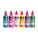Six Tulip Puffy Dimensional Fabric Paint bottles standing in a row against white, each with a red pointed nozzle cap. The bottles are filled with turquoise, pink, white, yellow, purple and lime green paint, labelled with the colour name on each.