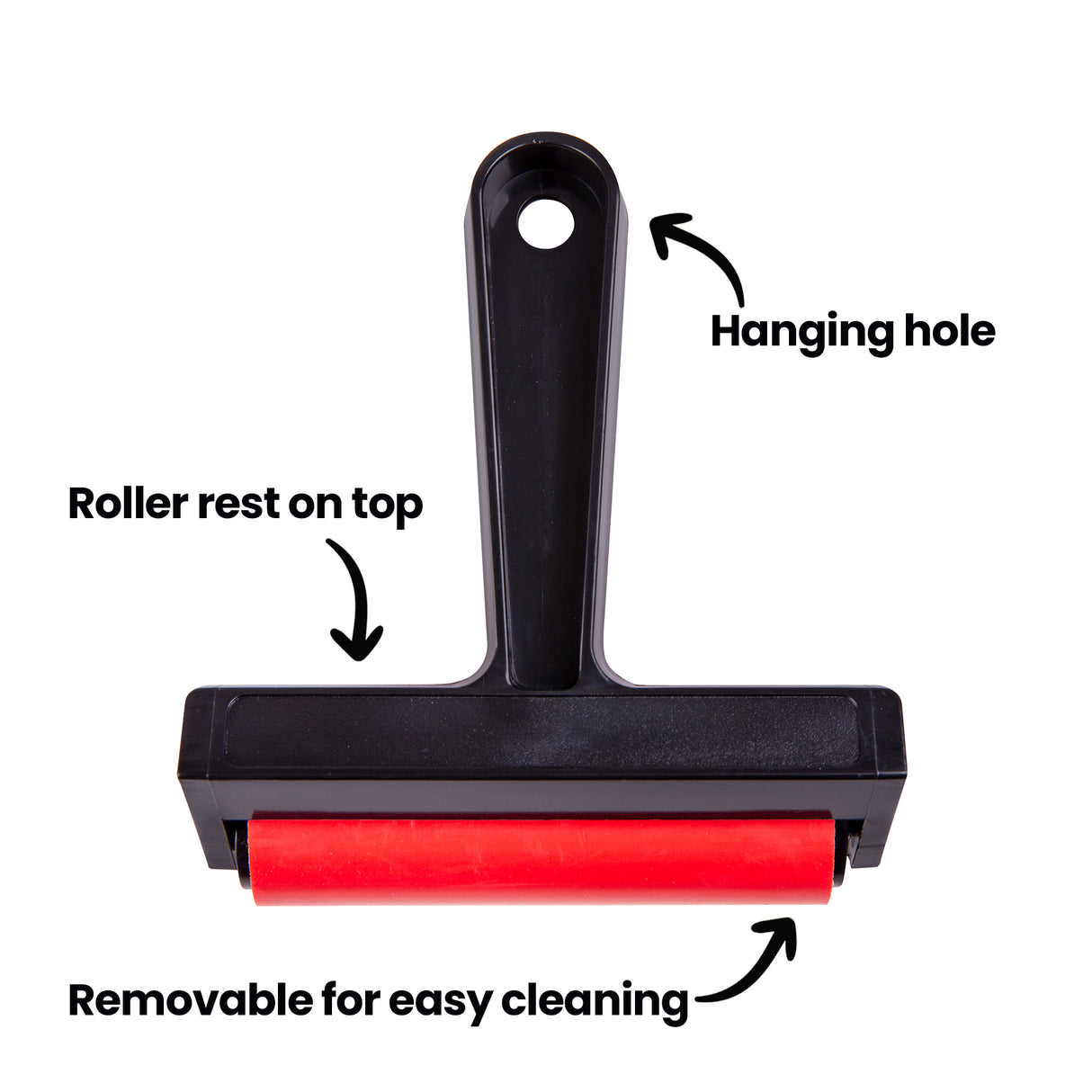 Front view of roller with annotation text reading Hanging hole, Roller rest on top and Removable for easy cleaning. Arrows point to the handle opening, flat resting edge, and red roller. Black frame and bright red rubber cylinder contrast against white background.
