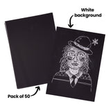 An annotated image of a stack of Zart Scratch Paper sheets beside a completed scratch art portrait of a figure wearing a bowler hat, with curly hair and a flower tucked into the hat band. Labelled "Pack of 50" and "White background".