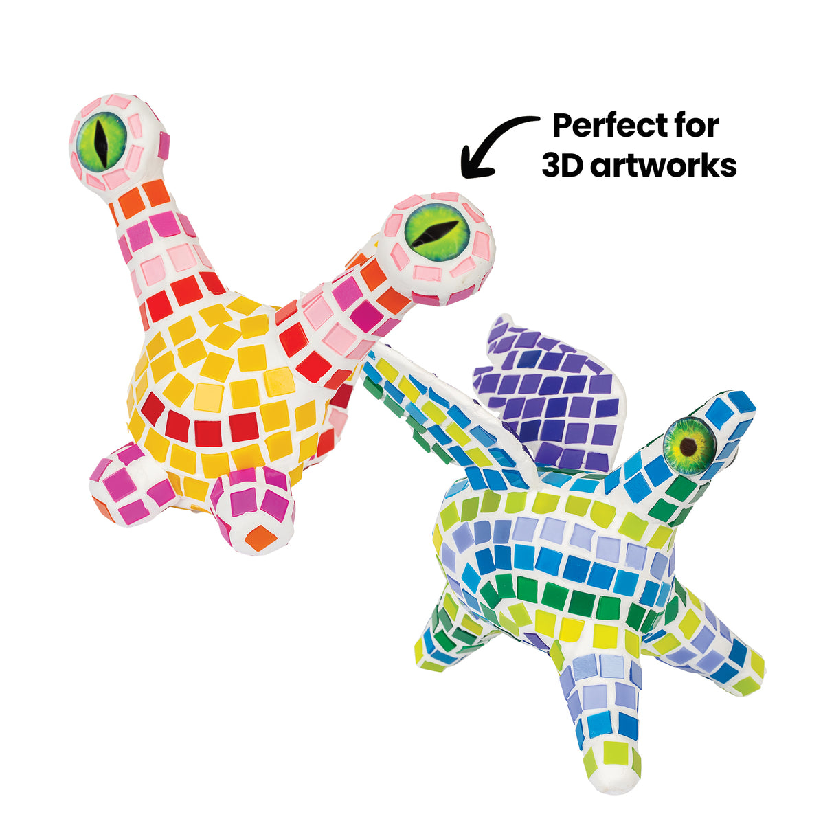 Two three-dimensional creature sculptures covered in Zart Deco tiles, annotated "Perfect for 3D artworks". One is tiled in warm yellow, pink and red squares, the other in cool blues, greens and purple, each with a large realistic eye and a white base showing between the tiles.