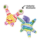 Two three-dimensional creature sculptures covered in Zart Deco tiles, annotated "Perfect for 3D artworks". One is tiled in warm yellow, pink and red squares, the other in cool blues, greens and purple, each with a large realistic eye and a white base showing between the tiles.
