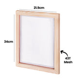 A close-up of a wooden screen printing frame highlights the natural timber grain and fine white mesh surface. Black annotation text reads “21.9cm” and “34cm” with dotted guide lines, and “43T Mesh” with an arrow pointing to the mesh area.