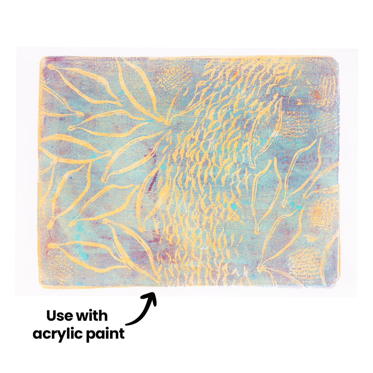 Square monoprint created with a Gel Print Plate by Zart, featuring soft turquoise and yellow layers with subtle violet undertones. Organic, flowing lines and delicate textures spread across the surface. Annotation text reads: “Use with acrylic paint”.