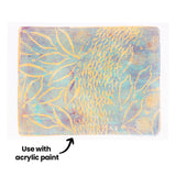 Square monoprint created with a Gel Print Plate by Zart, featuring soft turquoise and yellow layers with subtle violet undertones. Organic, flowing lines and delicate textures spread across the surface. Annotation text reads: “Use with acrylic paint”.